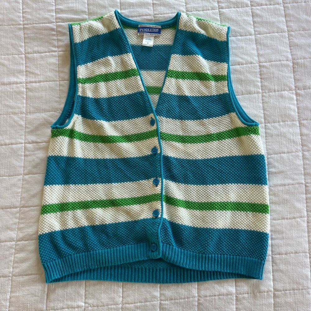 Vintage Pendleton Blue & Green Striped Cotton Button Down Vest Men Women Size M